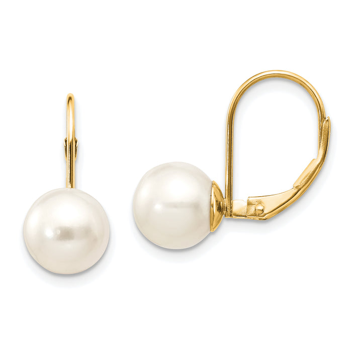 14k 8-9mm White Round Freshwater Cultured Pearl Leverback Earrings-XLB85PL