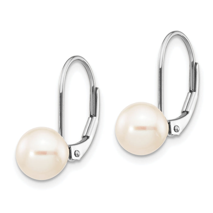 14k White Gold 7-8mm Round Freshwater Cultured Pearl Leverback Earrings-XLBW75PL