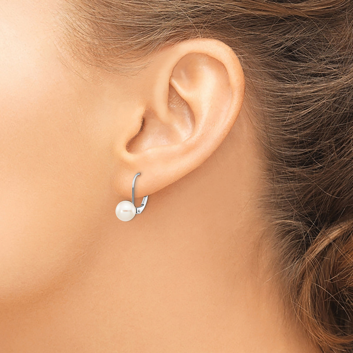14k White Gold 7-8mm Round Freshwater Cultured Pearl Leverback Earrings-XLBW75PL