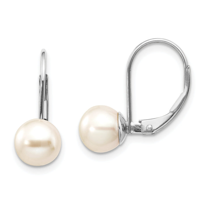 14k White Gold 7-8mm Round Freshwater Cultured Pearl Leverback Earrings-XLBW75PL