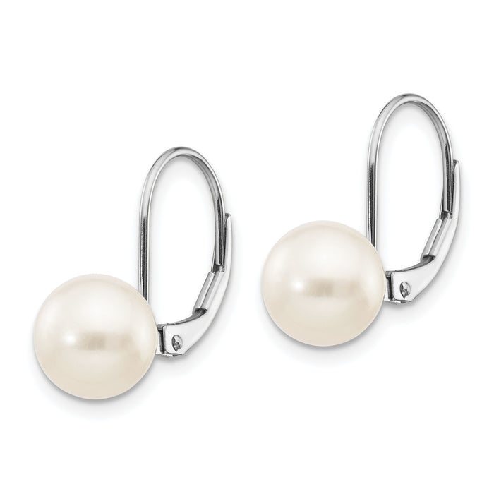 14k White Gold 8-9mm Round Freshwater Cultured Pearl Leverback Earrings-XLBW85PL
