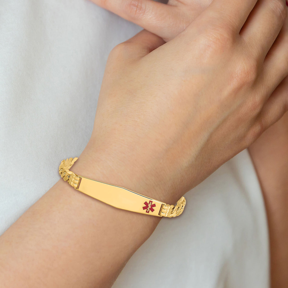 14K Medical Soft Diamond Shape Red Enamel Curb Link ID Bracelet-XM574FC-8