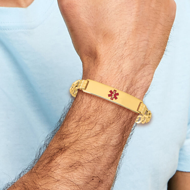 14K Semi-solid Medical Red Enamel Curb Link ID Bracelet-XM579CR-7