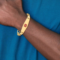 14K Medical Soft Diamond Shape Red Enamel Flat Figaro Link ID Bracelet-XM580CC-7