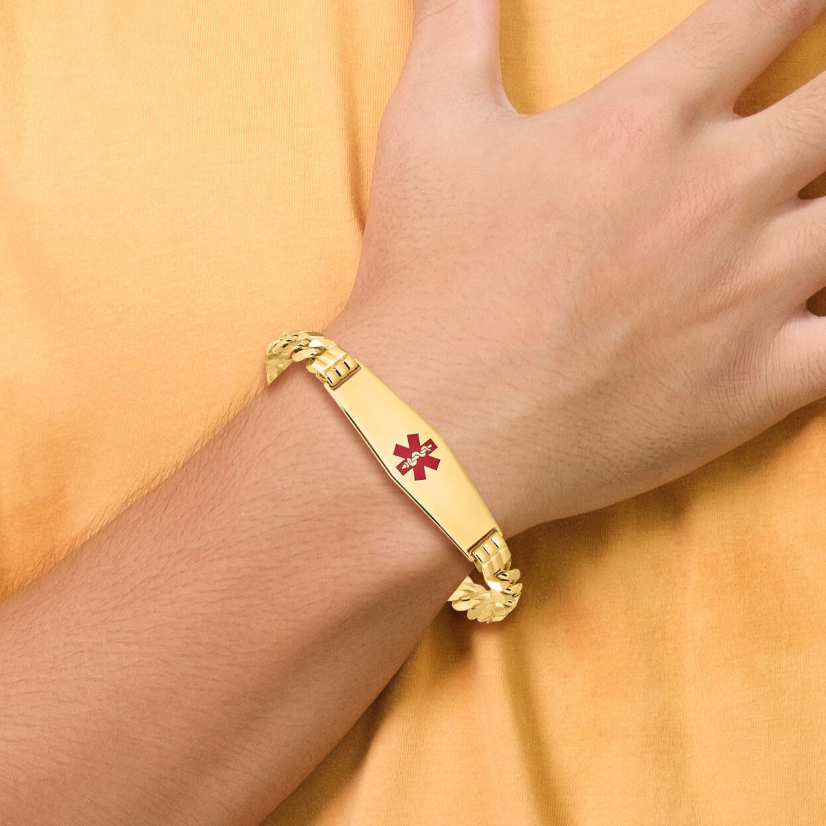 14K Medical Soft Diamond Shape Red Enamel Flat Curb Link ID Bracelet-XM582CC-8
