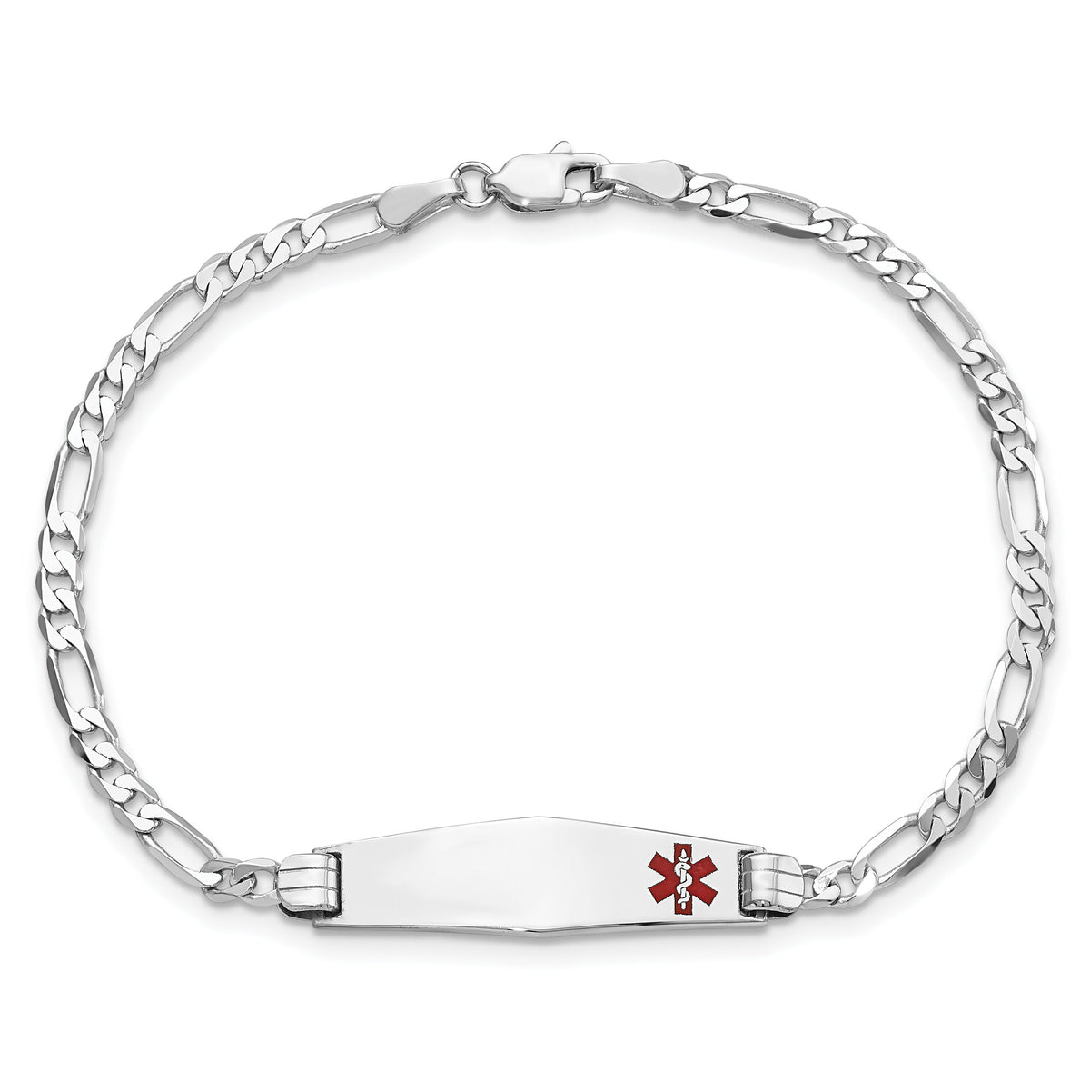 14K WG Medical Soft Diamond Shape Red Enamel Figaro Link ID Bracelet-XM584FCW-8