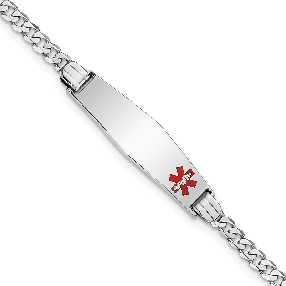 14K WG Medical Soft Diamond Shape Red Enamel Flat Curb Link ID Bracelet-XM586FCW-7