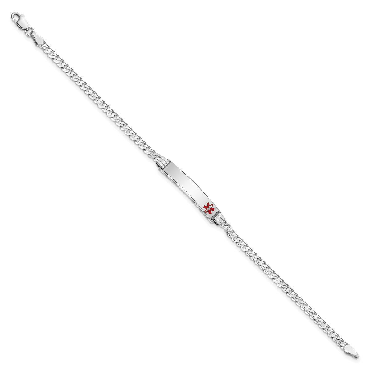 14K White Gold Medical Red Enamel Flat Curb Link ID Bracelet-XM586FRW-7
