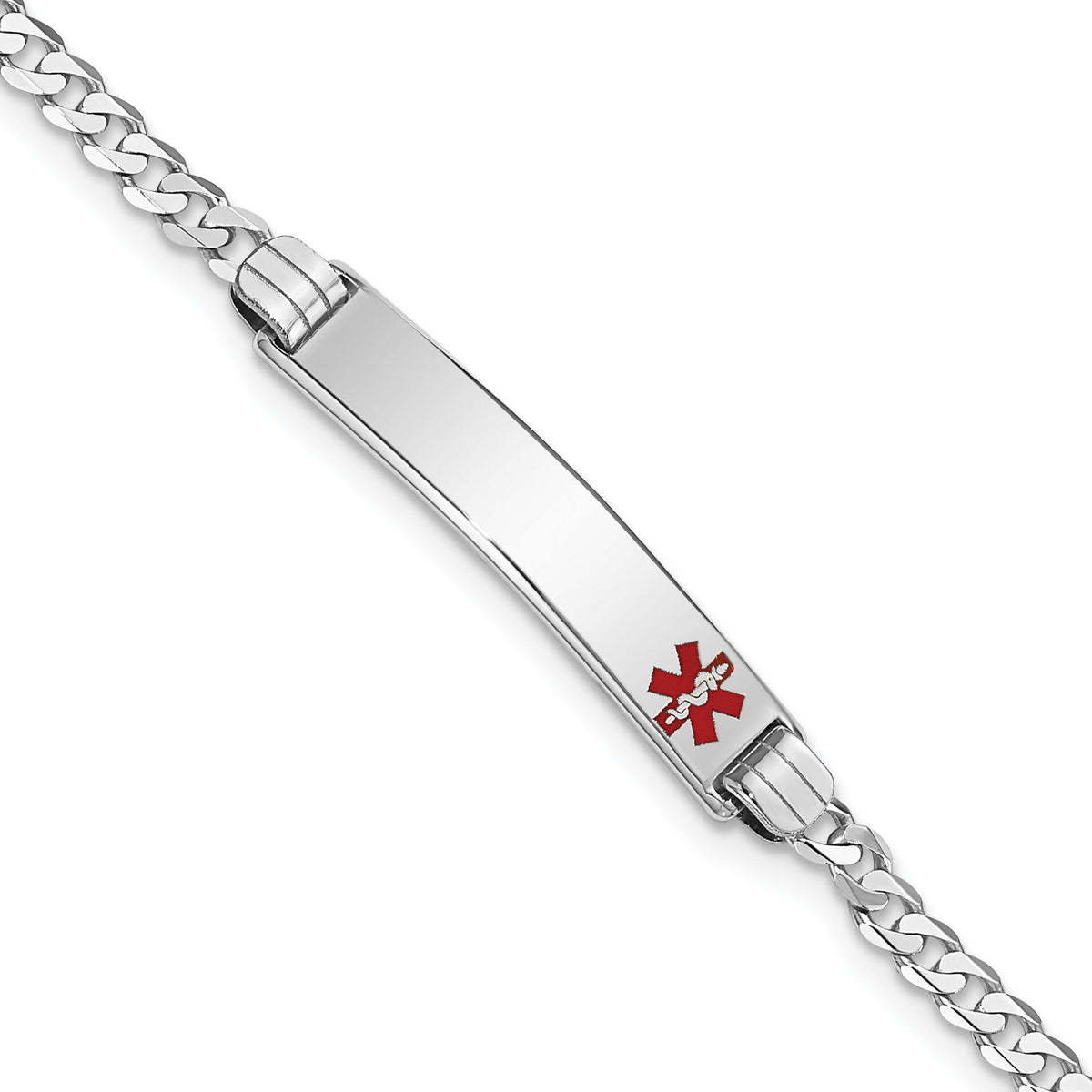 14K White Gold Medical Red Enamel Flat Curb Link ID Bracelet-XM586FRW-8