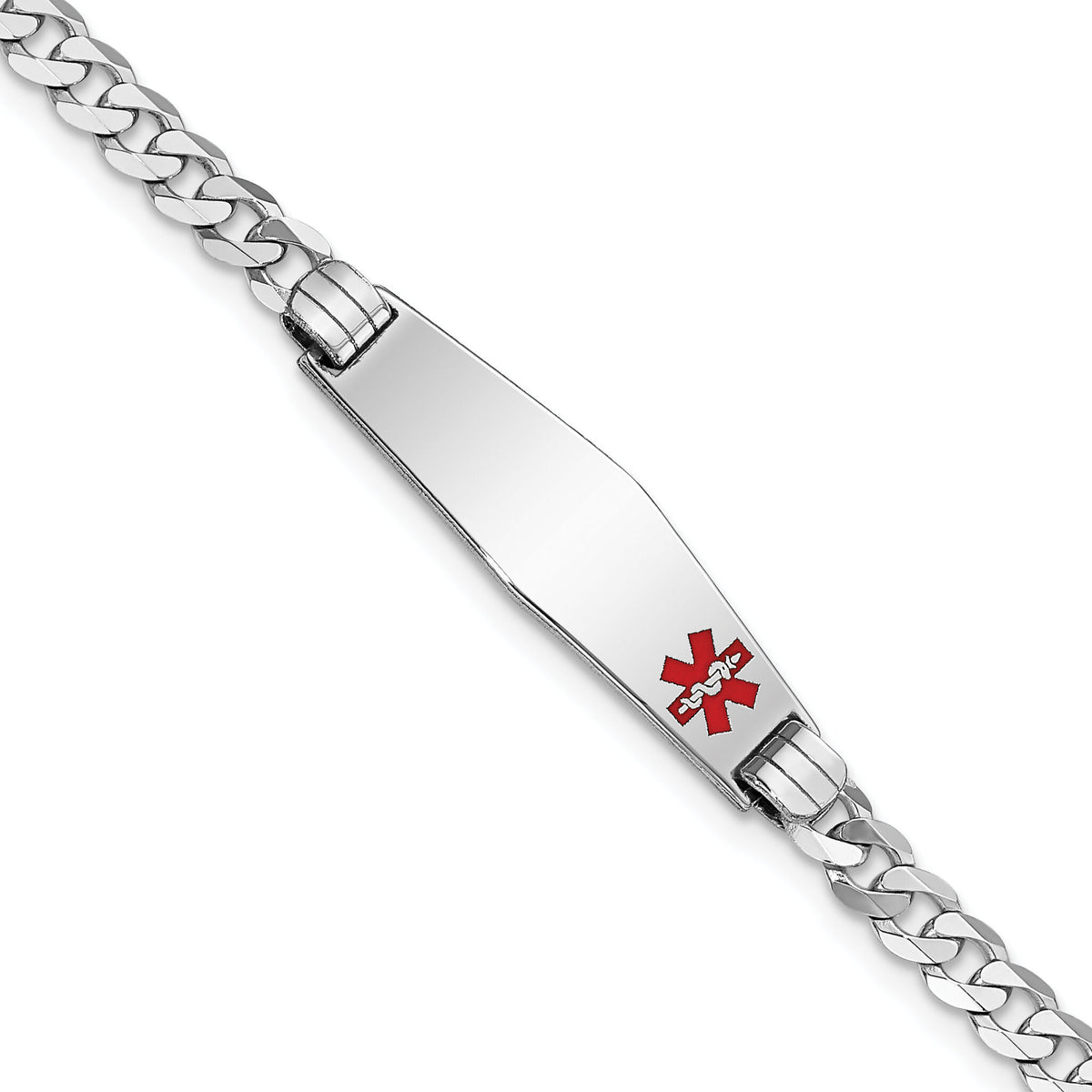 14K WG Medical Soft Diamond Shape Red Enamel Flat Curb Link ID Bracelet-XM587FCW-7