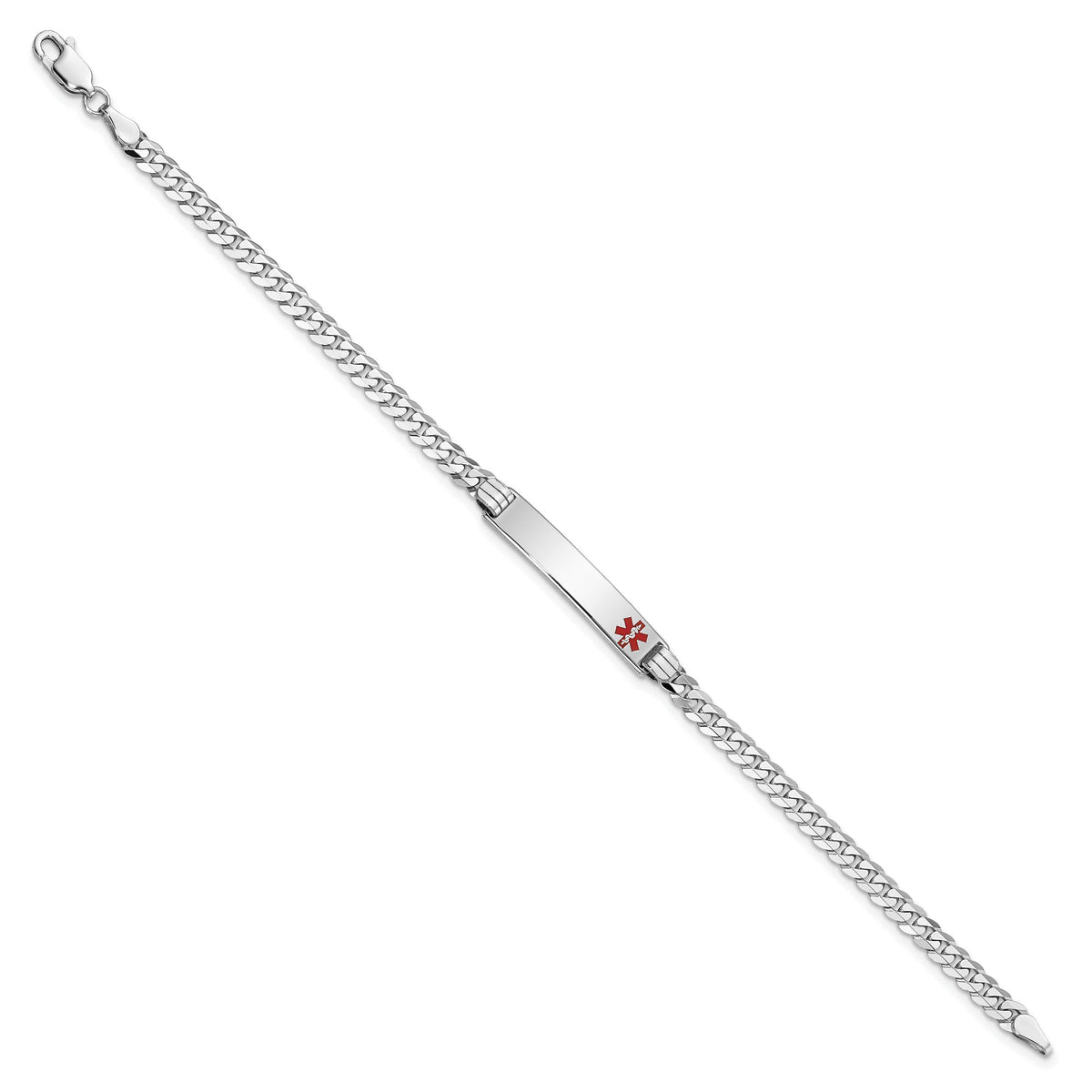 14K White Gold Medical Red Enamel Flat Curb Link ID Bracelet-XM587FRW-7
