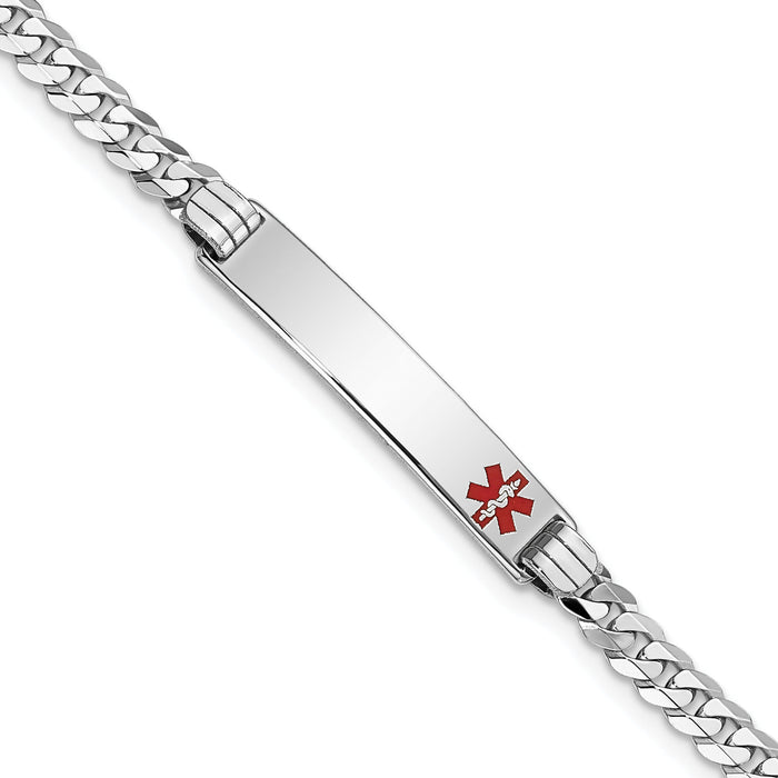 14K White Gold Medical Red Enamel Flat Curb Link ID Bracelet-XM587FRW-7