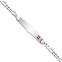 14K WG Medical Soft Diamond Shape Red Enamel Figaro Link ID Bracelet-XM590FCW-8