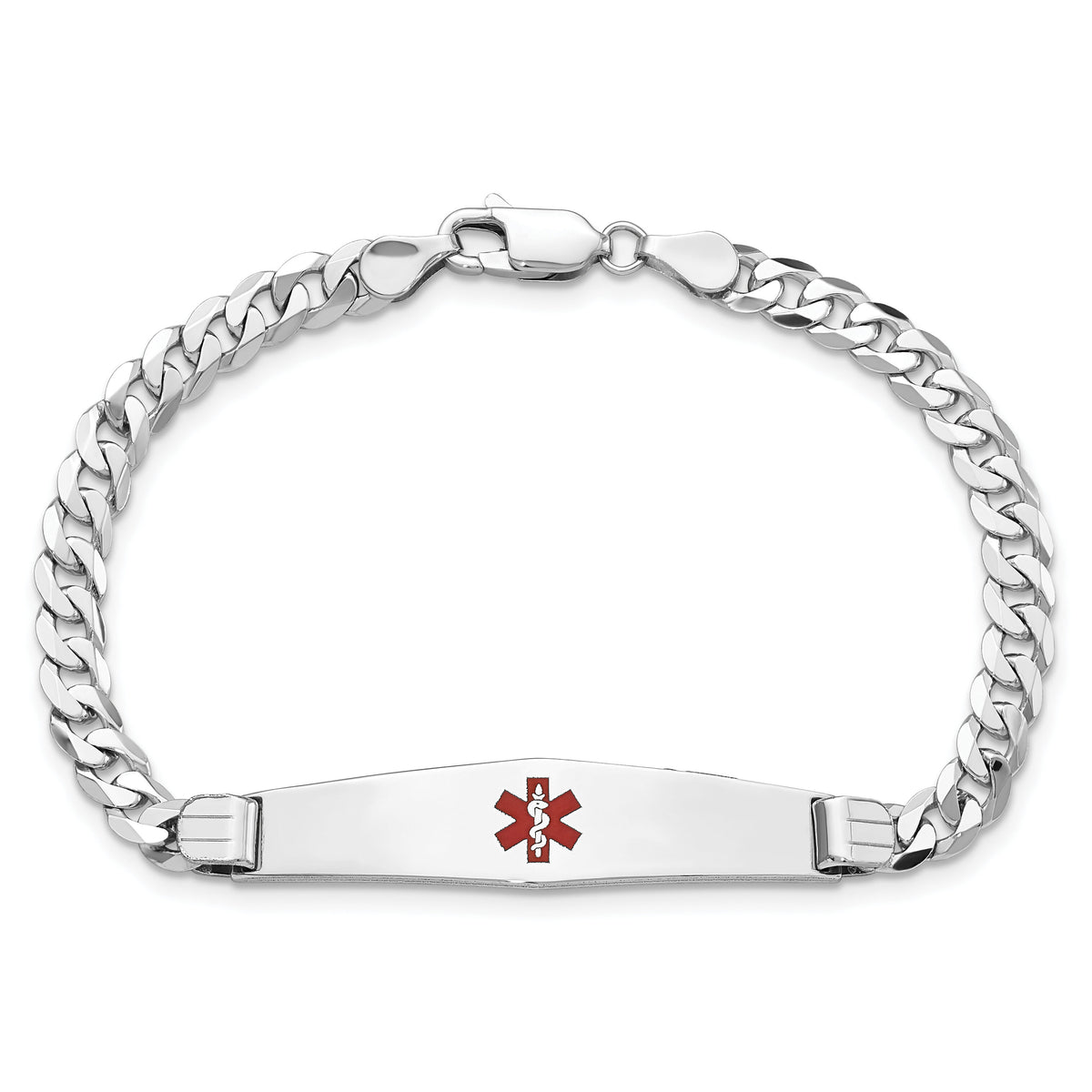 14K WG Medical Soft Diamond Shape Red Enamel Flat Curb Link ID Bracelet-XM591CCW-7