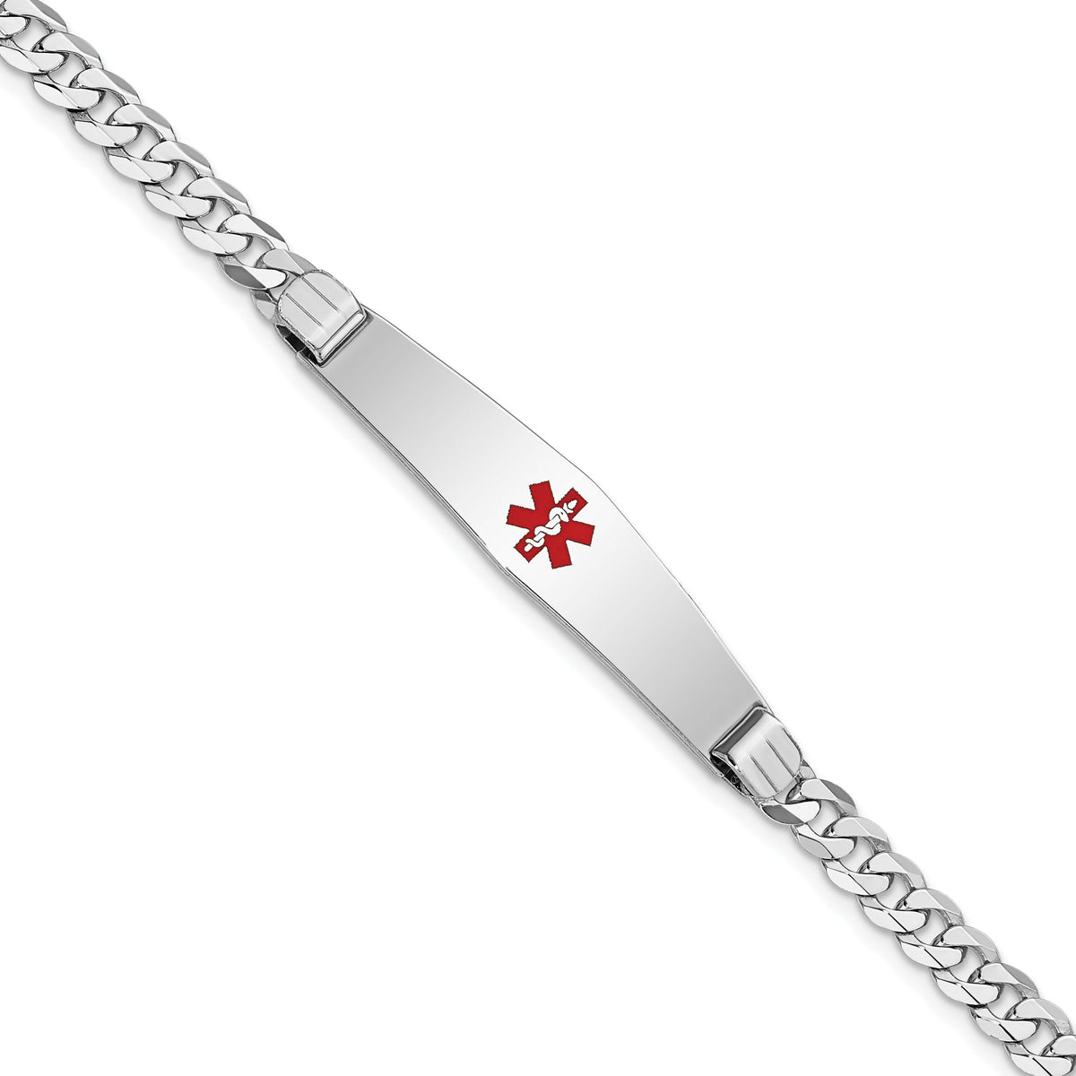 14K WG Medical Soft Diamond Shape Red Enamel Flat Curb Link ID Bracelet-XM591CCW-7