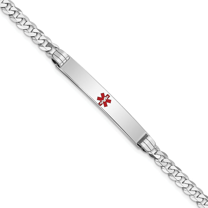 14K White Gold Medical Red Enamel Flat Curb Link ID Bracelet-XM591CRW-7