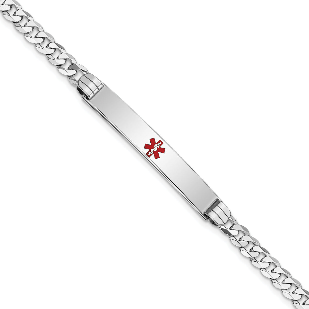 14K White Gold Medical Red Enamel Flat Curb Link ID Bracelet-XM591CRW-8