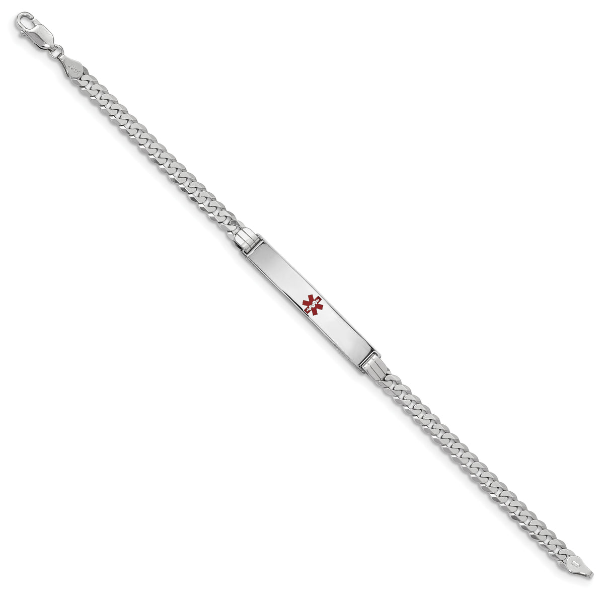 14K White Gold Medical Red Enamel Flat Curb Link ID Bracelet-XM591CRW-7