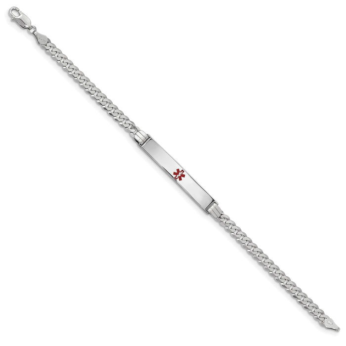 14K White Gold Medical Red Enamel Flat Curb Link ID Bracelet-XM591CRW-7