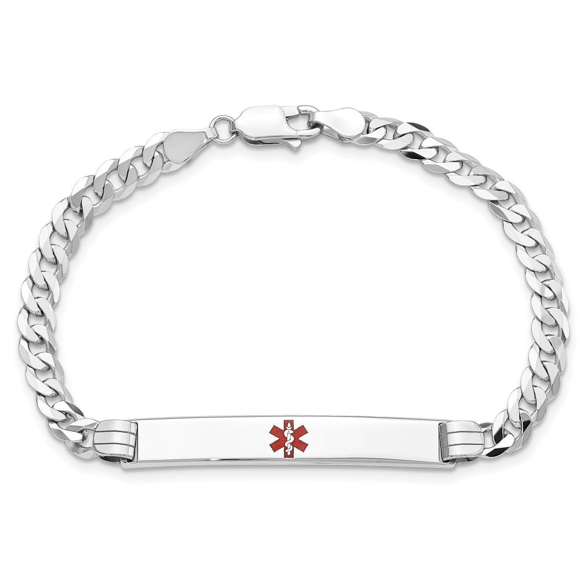 14K White Gold Medical Red Enamel Flat Curb Link ID Bracelet-XM591CRW-7