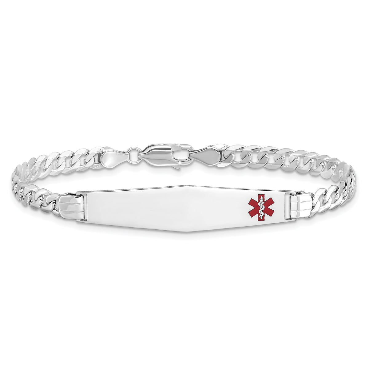 14K WG Medical Soft Diamond Shape Red Enamel Flat Curb Link ID Bracelet-XM591FCW-7