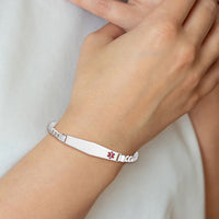 14K WG Medical Soft Diamond Shape Red Enamel Flat Curb Link ID Bracelet-XM591FCW-7