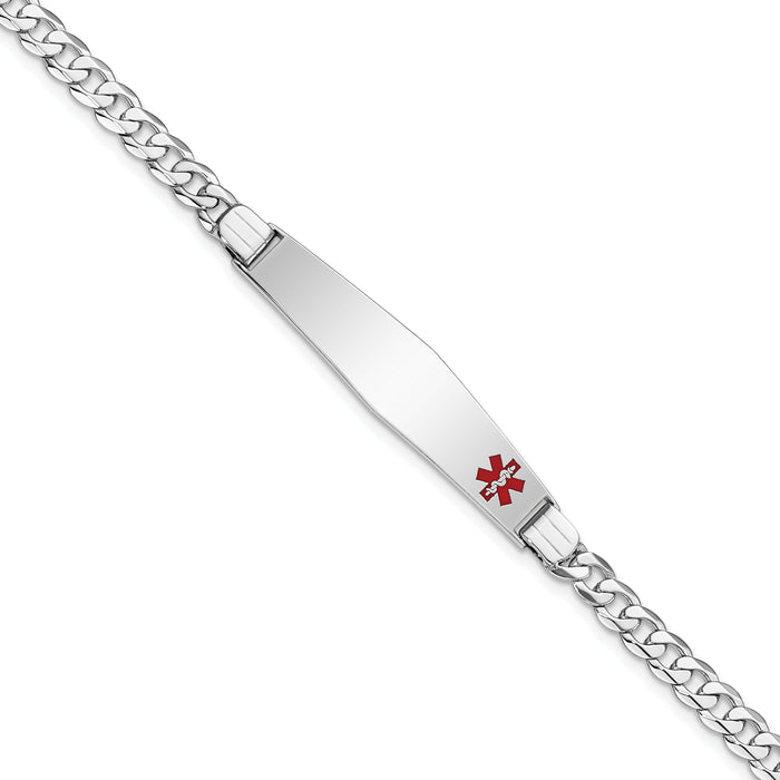 14K WG Medical Soft Diamond Shape Red Enamel Flat Curb Link ID Bracelet-XM591FCW-7