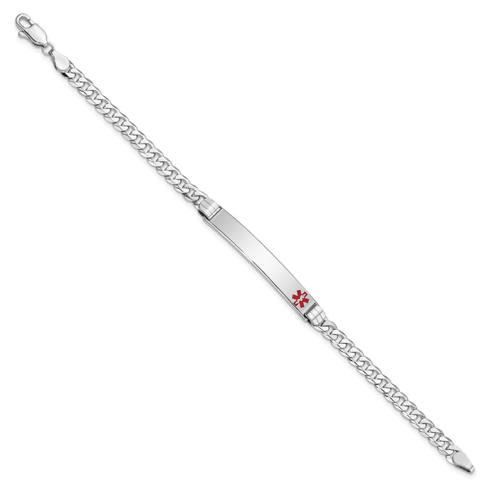 14K White Gold Medical Red Enamel Flat Curb Link ID Bracelet-XM591FRW-8