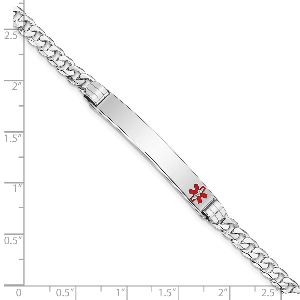 14K White Gold Medical Red Enamel Flat Curb Link ID Bracelet-XM591FRW-7