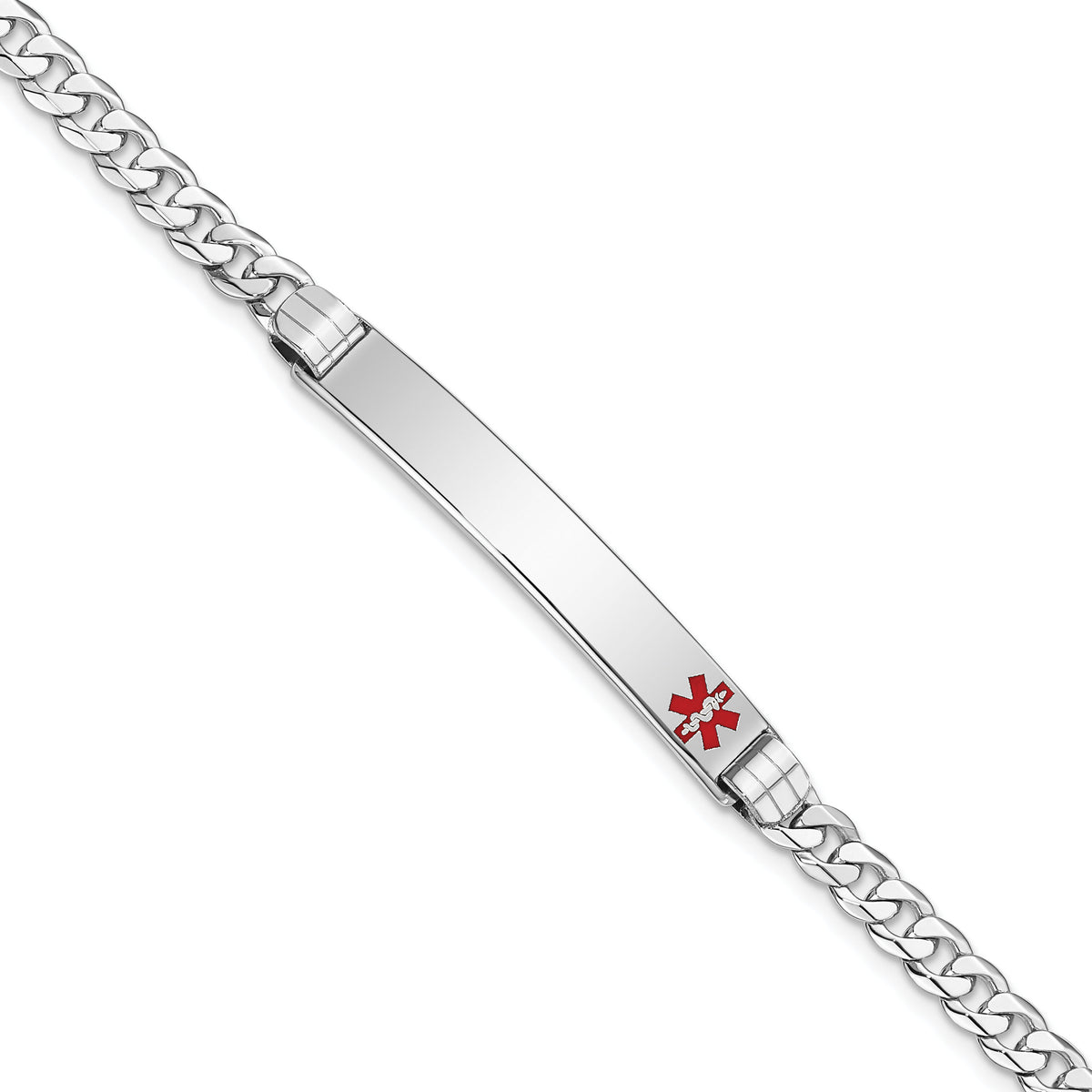 14K White Gold Medical Red Enamel Flat Curb Link ID Bracelet-XM591FRW-8