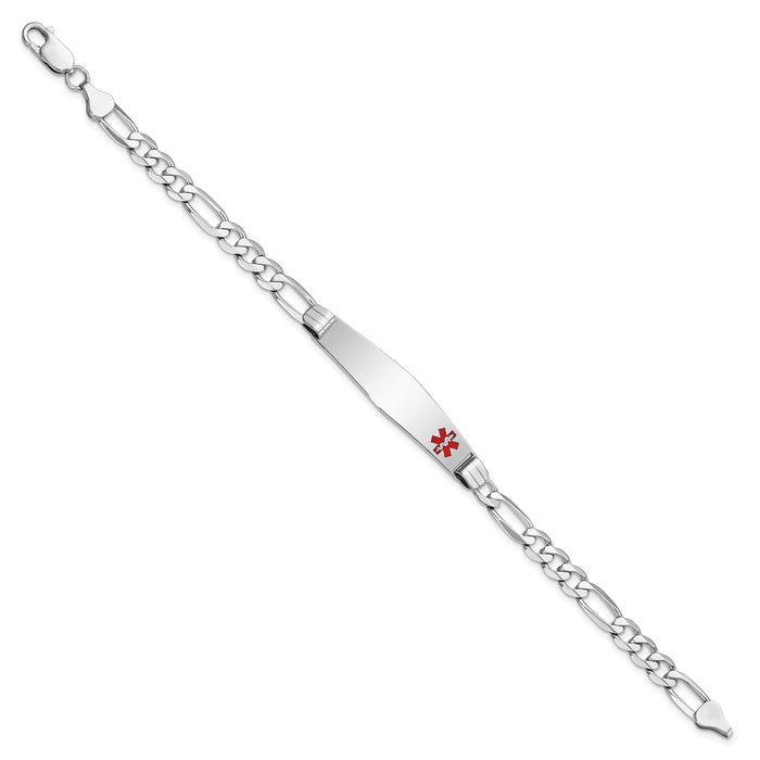 14K WG Medical Soft Diamond Shape Red Enamel Figaro Link ID Bracelet-XM594FCW-8
