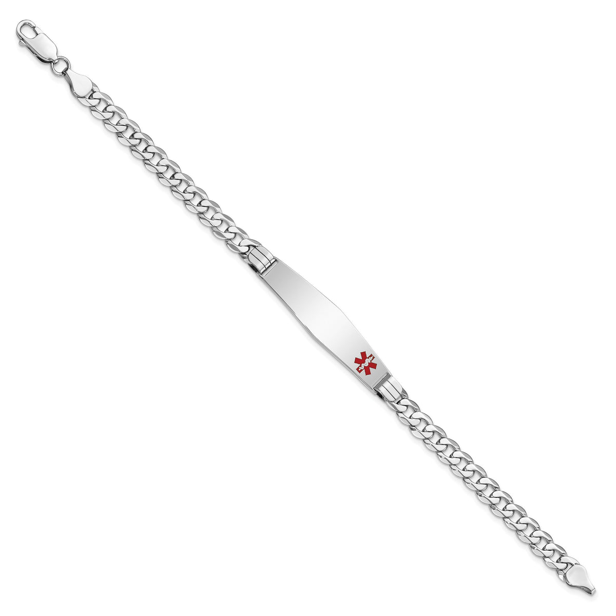 14K WG Medical Soft Diamond Shape Red Enamel Flat Curb Link ID Bracelet-XM595FCW-8