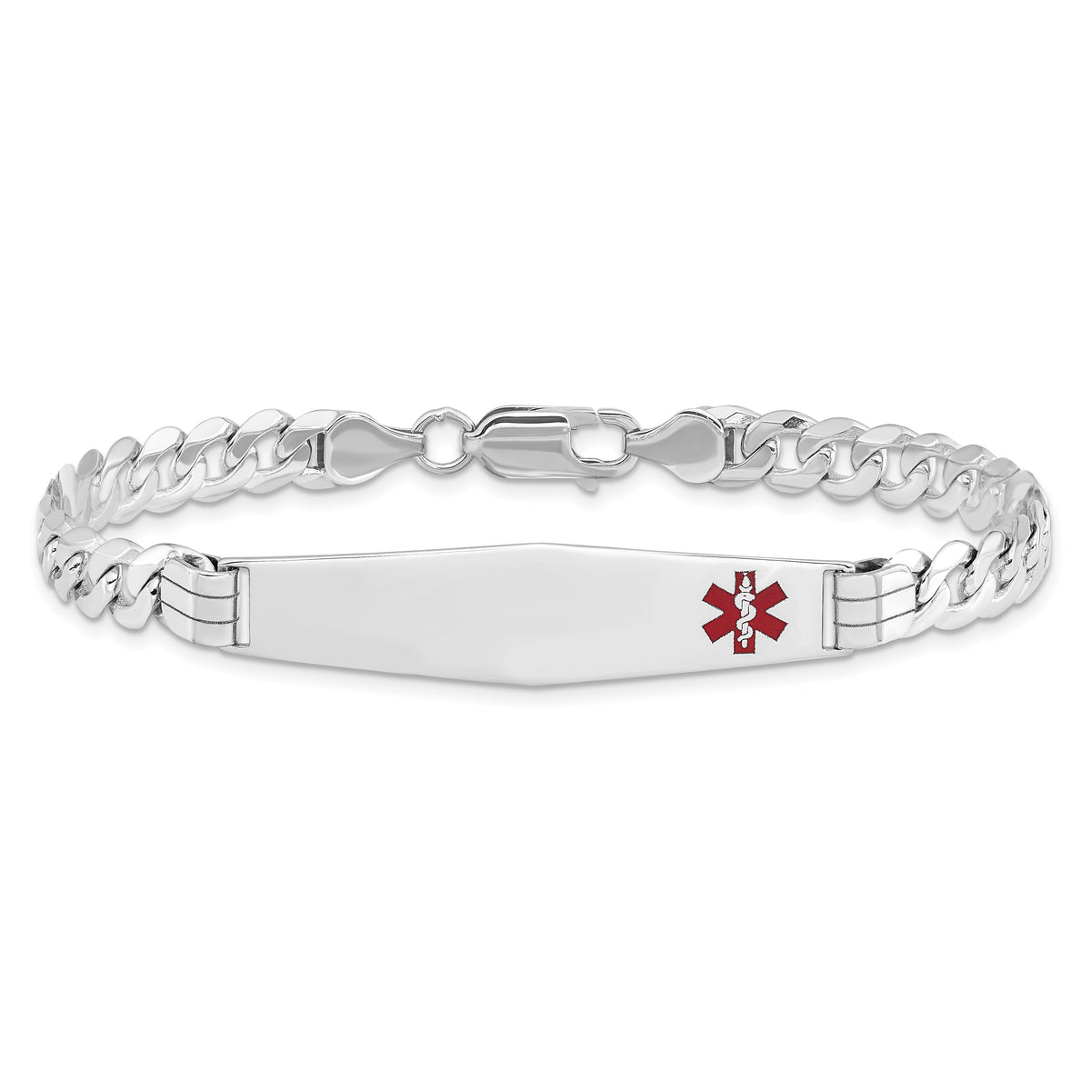 14K WG Medical Soft Diamond Shape Red Enamel Flat Curb Link ID Bracelet-XM595FCW-8