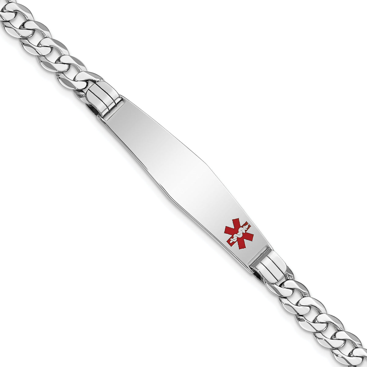 14K WG Medical Soft Diamond Shape Red Enamel Flat Curb Link ID Bracelet-XM595FCW-8