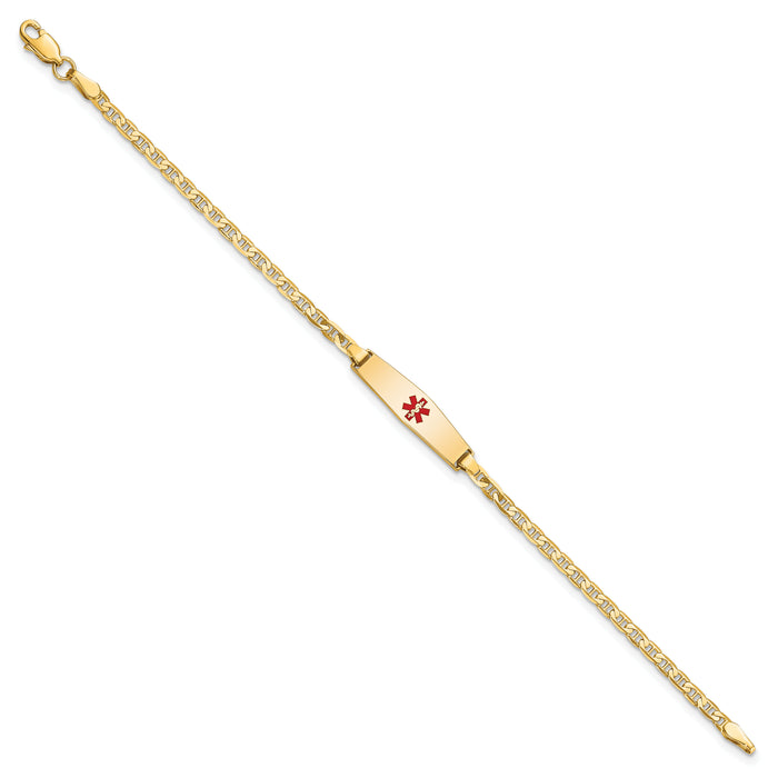 14k Medical Soft Diamond Shape Red Enamel Flat Anchor Link ID Bracelet-XM597CC-6