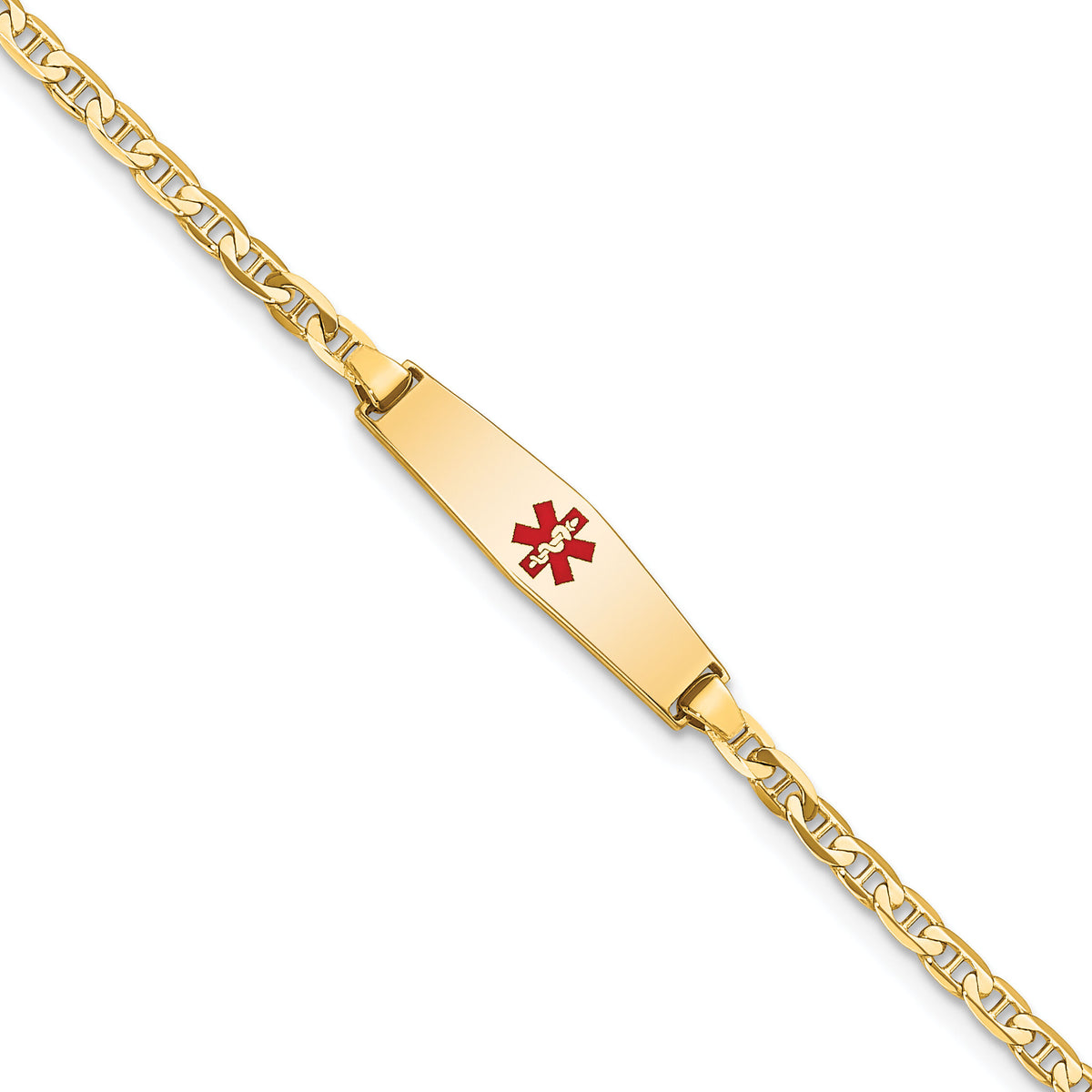 14k Medical Soft Diamond Shape Red Enamel Flat Anchor Link ID Bracelet-XM597CC-6