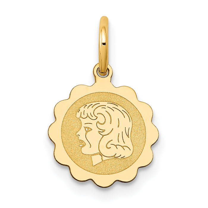 14k Girl Head on .009 Gauge Engravable Scalloped Disc Charm-XM66/09