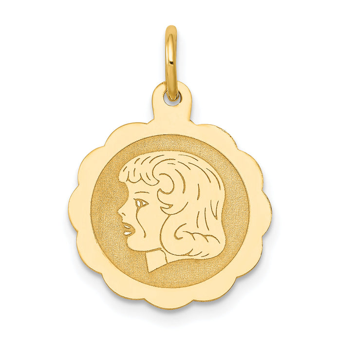 14k Girl Head on .013 Gauge Engravable Scalloped Disc Charm-XM68/13