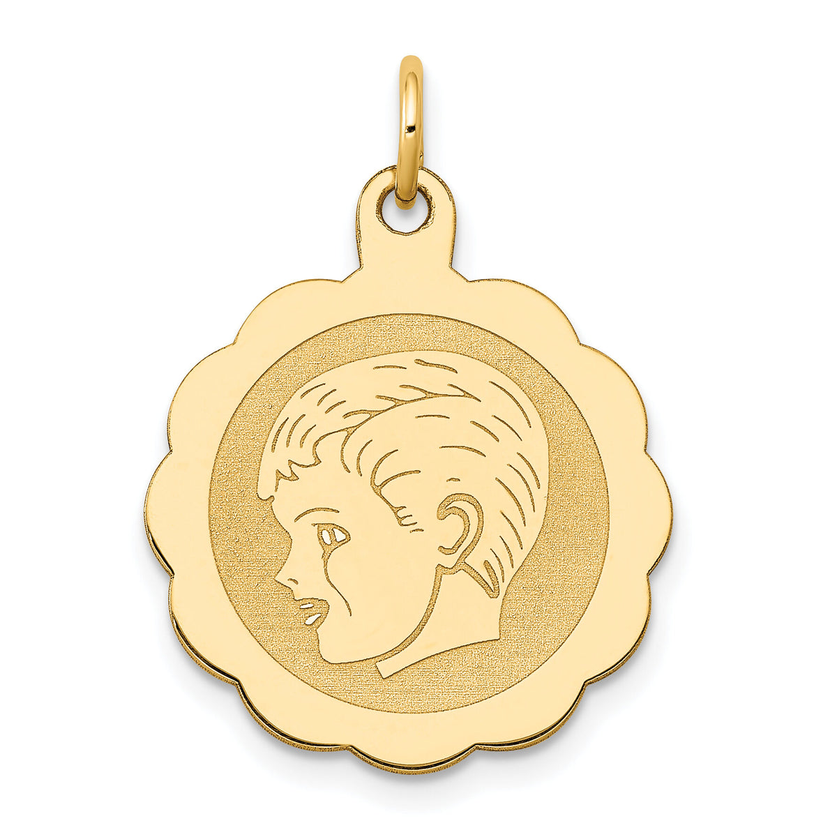 14k Boy Head on .013 Gauge Engravable Scalloped Disc Charm-XM69/13
