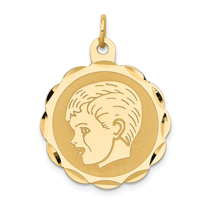 14k Boy Head on .011 Gauge Engravable Scalloped Disc Charm-XM71/11