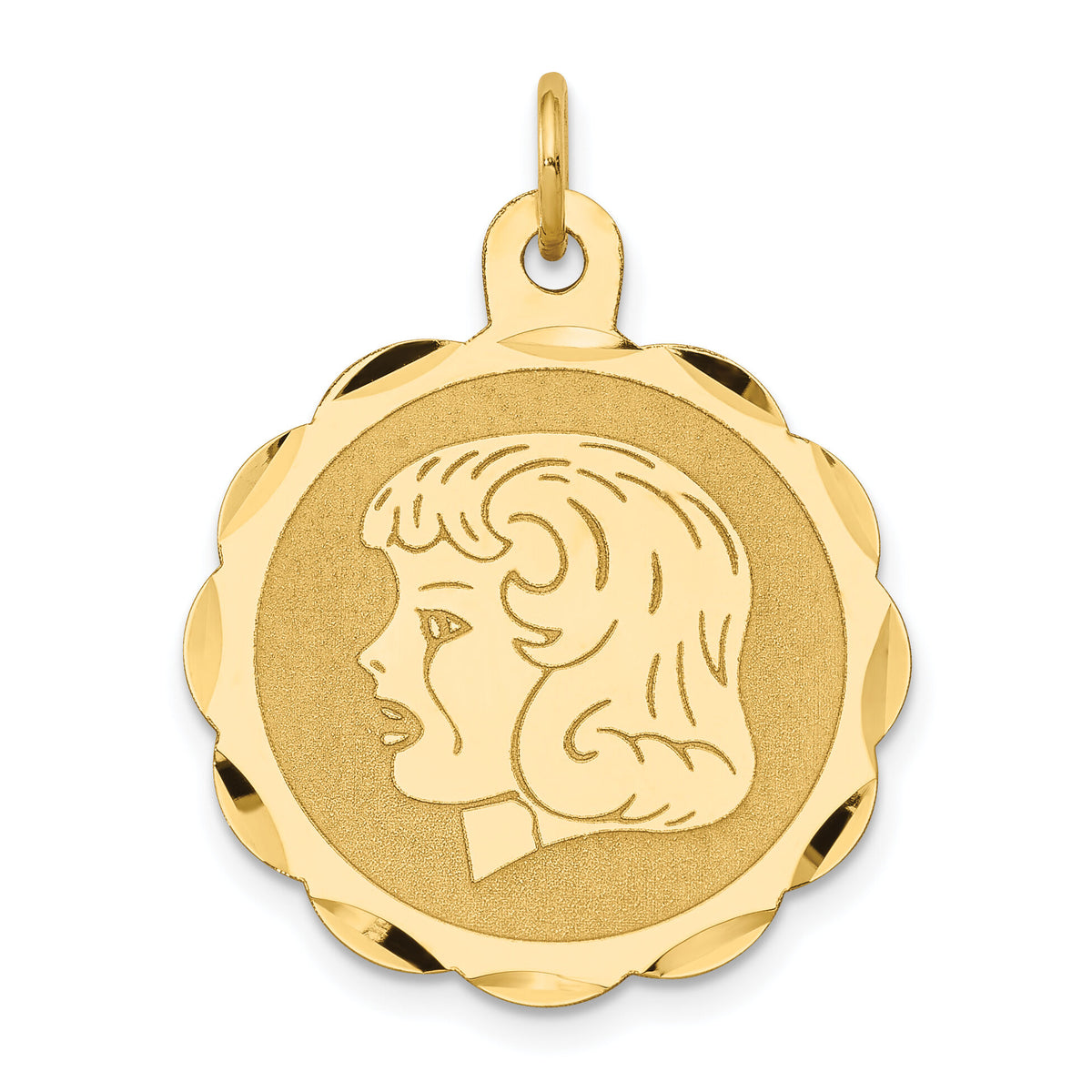 14k Girl Head on .011 Gauge Engravable Scalloped Disc Charm-XM72/11