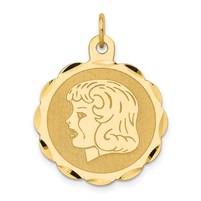 14k Girl Head on .011 Gauge Engravable Scalloped Disc Charm-XM72/11