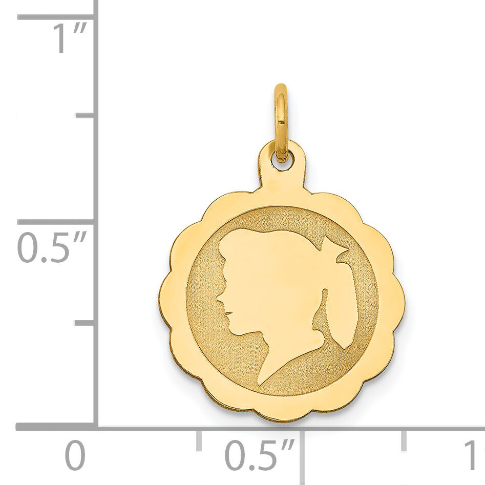 14k Girl Head on .018 Gauge Engravable Scalloped Disc Charm-XM84/18