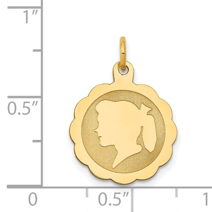 14k Girl Head on .013 Gauge Engravable Scalloped Disc Charm-XM84/13
