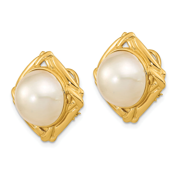 14k 13-14mm White Mabe Saltwater Cultured Pearl Omega Back Earrings-XMP100