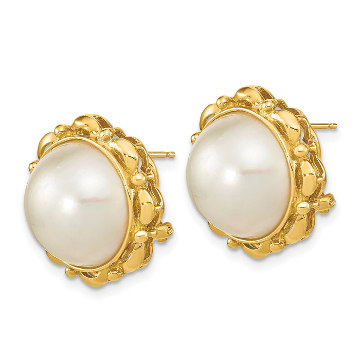 14K 13-14mm White Saltwater Mabe Pearl Omega Back Earrings-XMP101