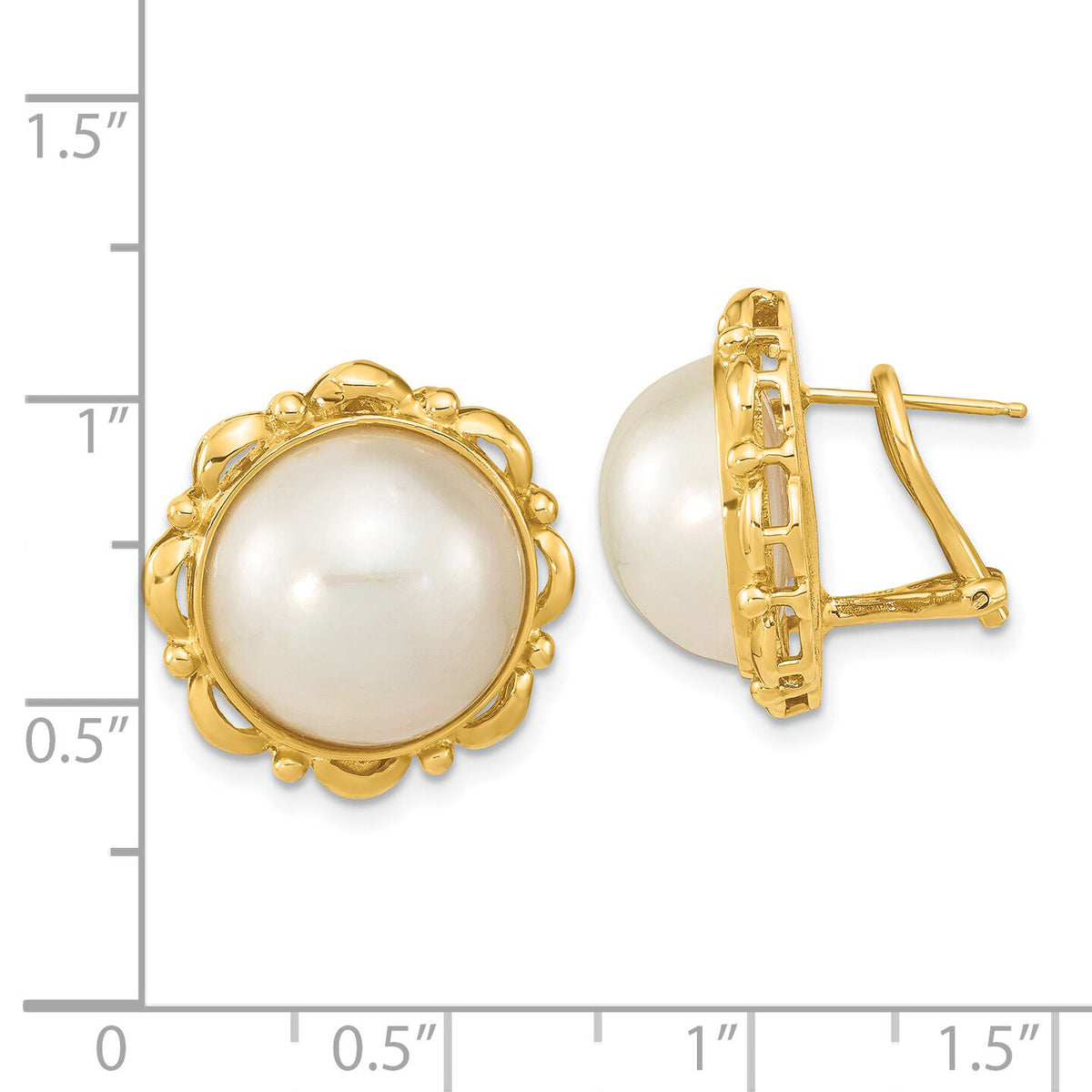 14K 13-14mm White Saltwater Mabe Pearl Omega Back Earrings-XMP101