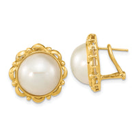 14K 13-14mm White Saltwater Mabe Pearl Omega Back Earrings-XMP101