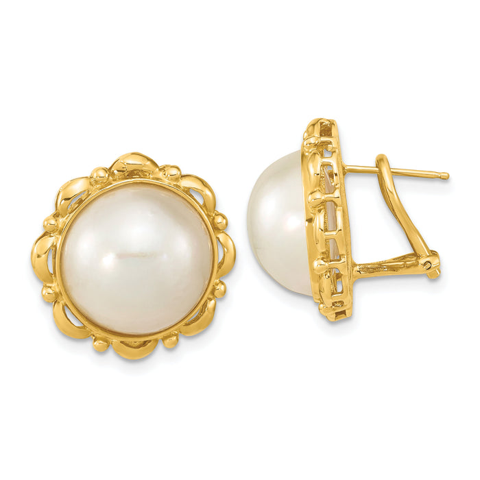14K 13-14mm White Saltwater Mabe Pearl Omega Back Earrings-XMP101