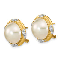 14K 13-14mm White Saltwater Mabe Pearl .16ct Dia. Omega Back Earrings-XMP102